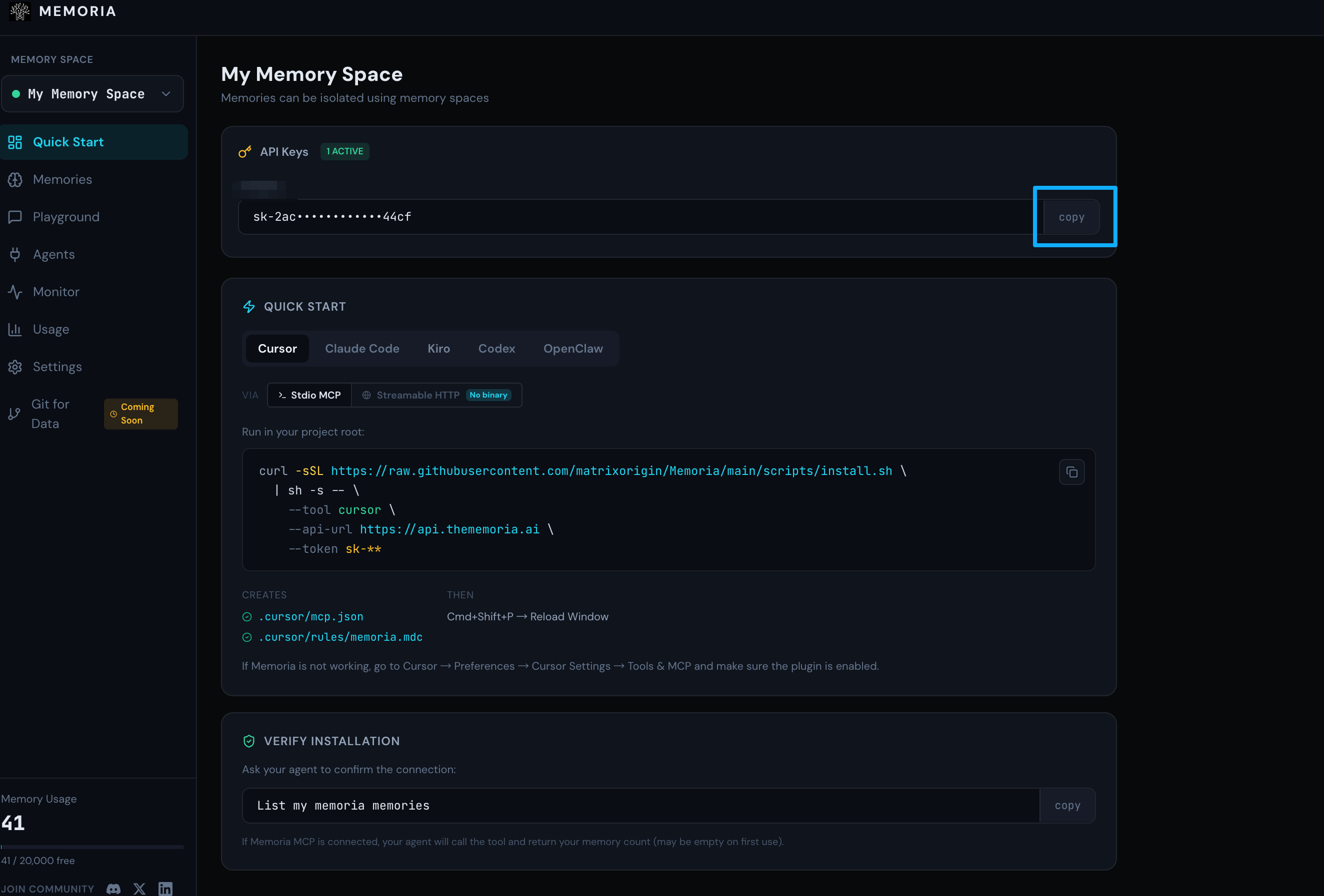 Get your API key from the Memoria dashboard